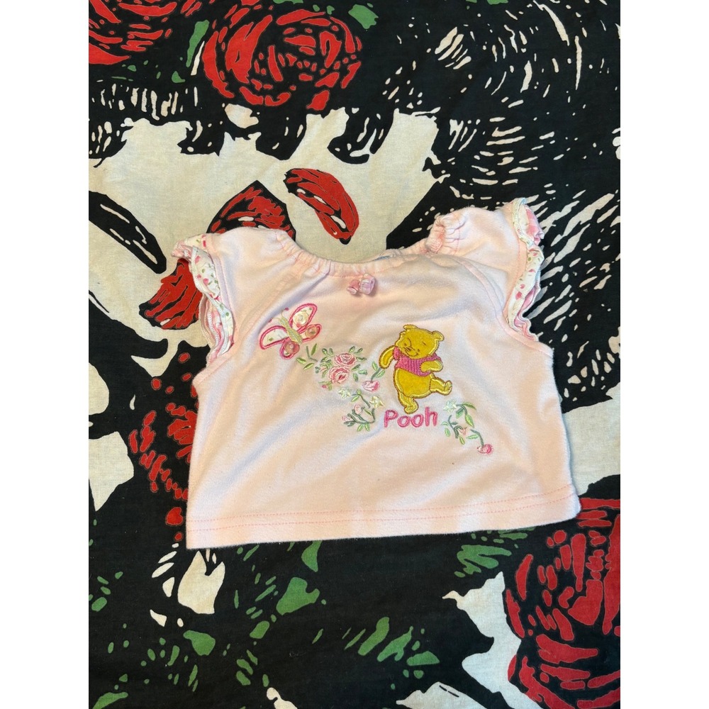 Vintage Disney Winnie the Pooh Pink Flutter Sleeve Embroidered Top 12M Baby Girl